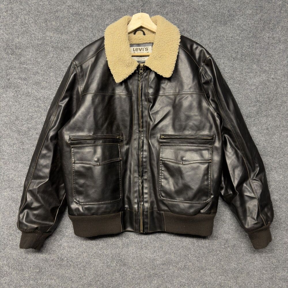 Levi's Faux Leather Aviator Bomber Jacket Mens XL Brown Sherpa Lined Full Zip